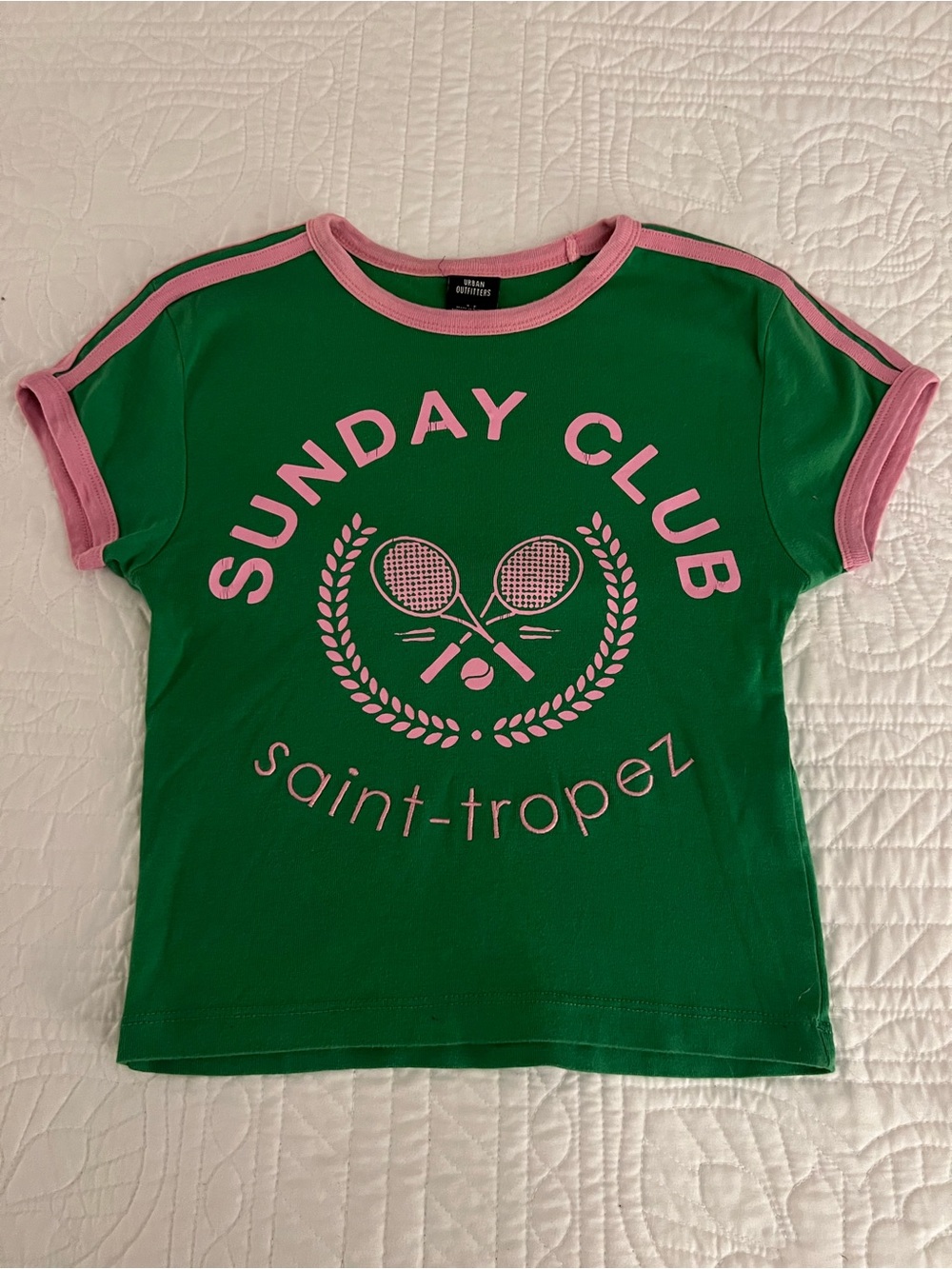 Urban Outfitters Green Tee with Pink Trim & Tennis Graphic